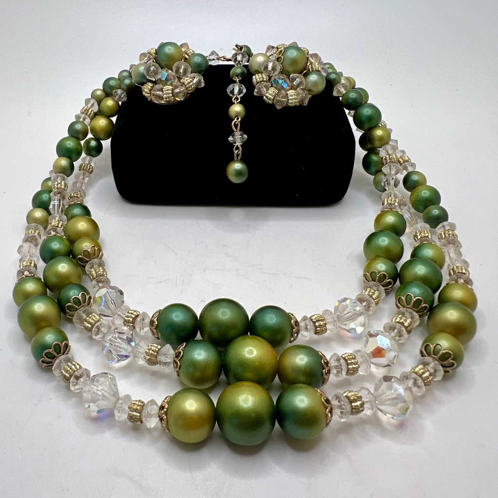 Triple Strand Ab Glass And Green Bead Necklace Clip Earring Set 29$